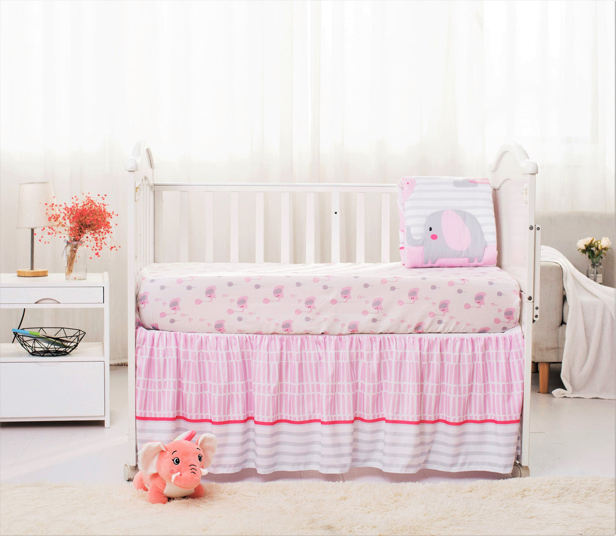 Pink and grey store elephant crib set