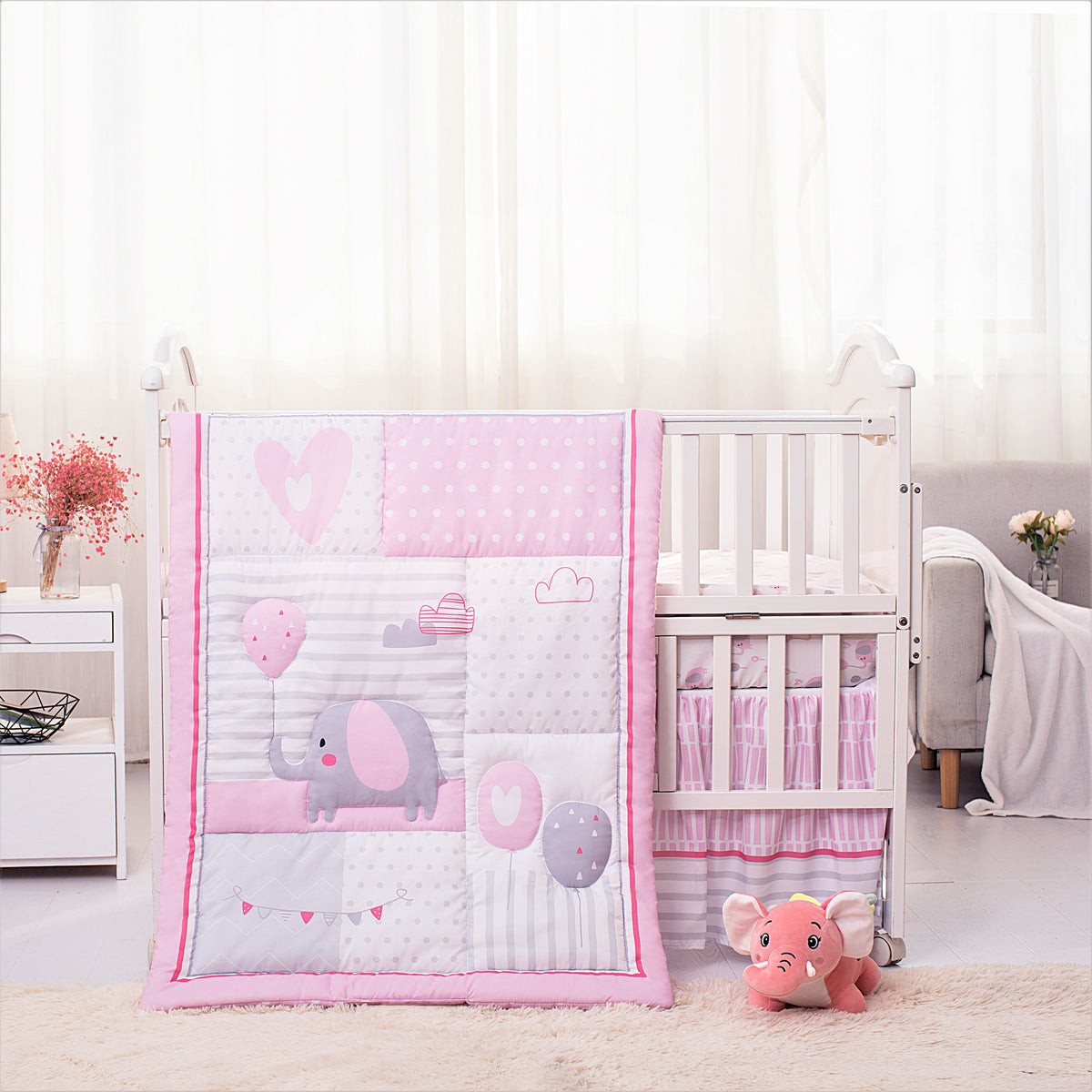 Pink Elephant and Ballons 3-Piece Standard Crib Bedding Set, Pink