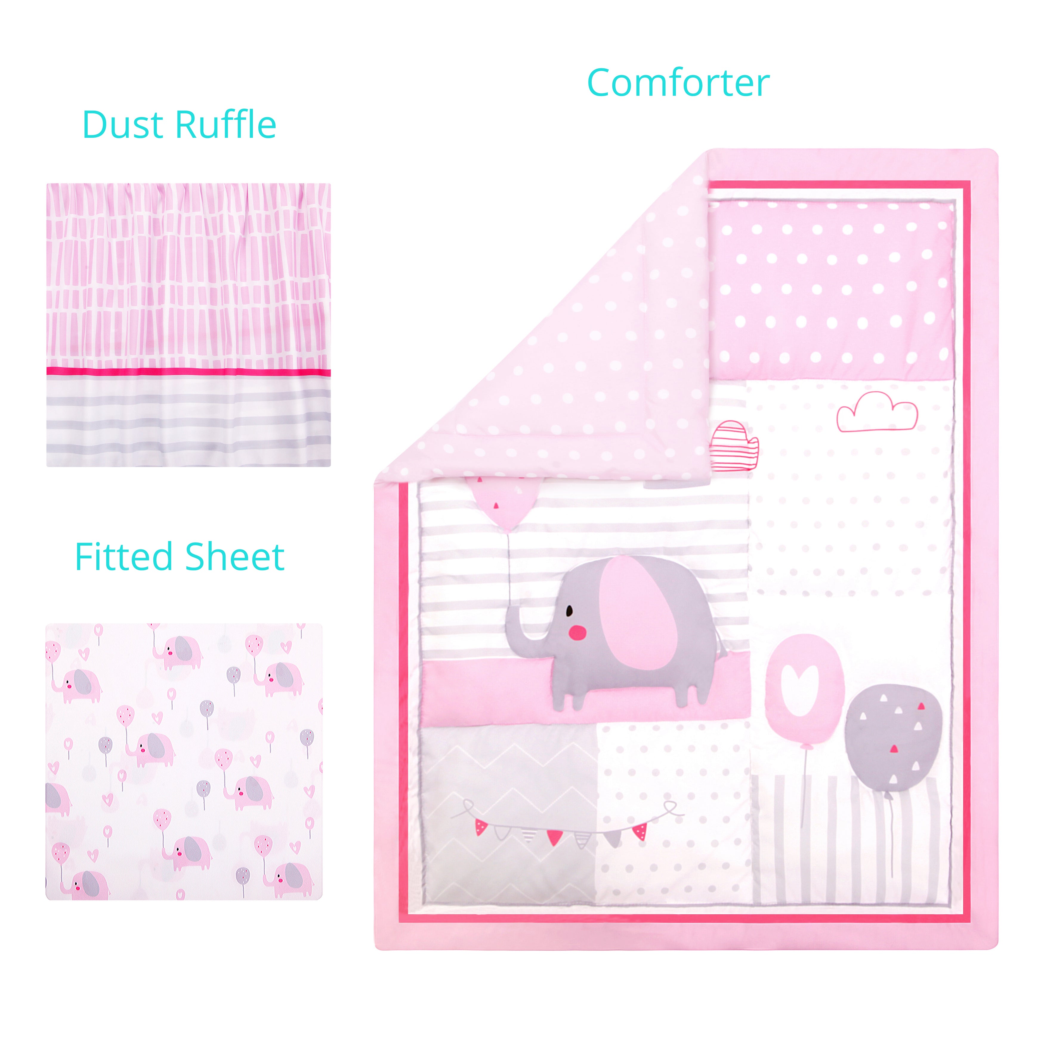 Pink Elephant and Ballons 3-Piece Standard Crib Bedding Set, Pink & Grey